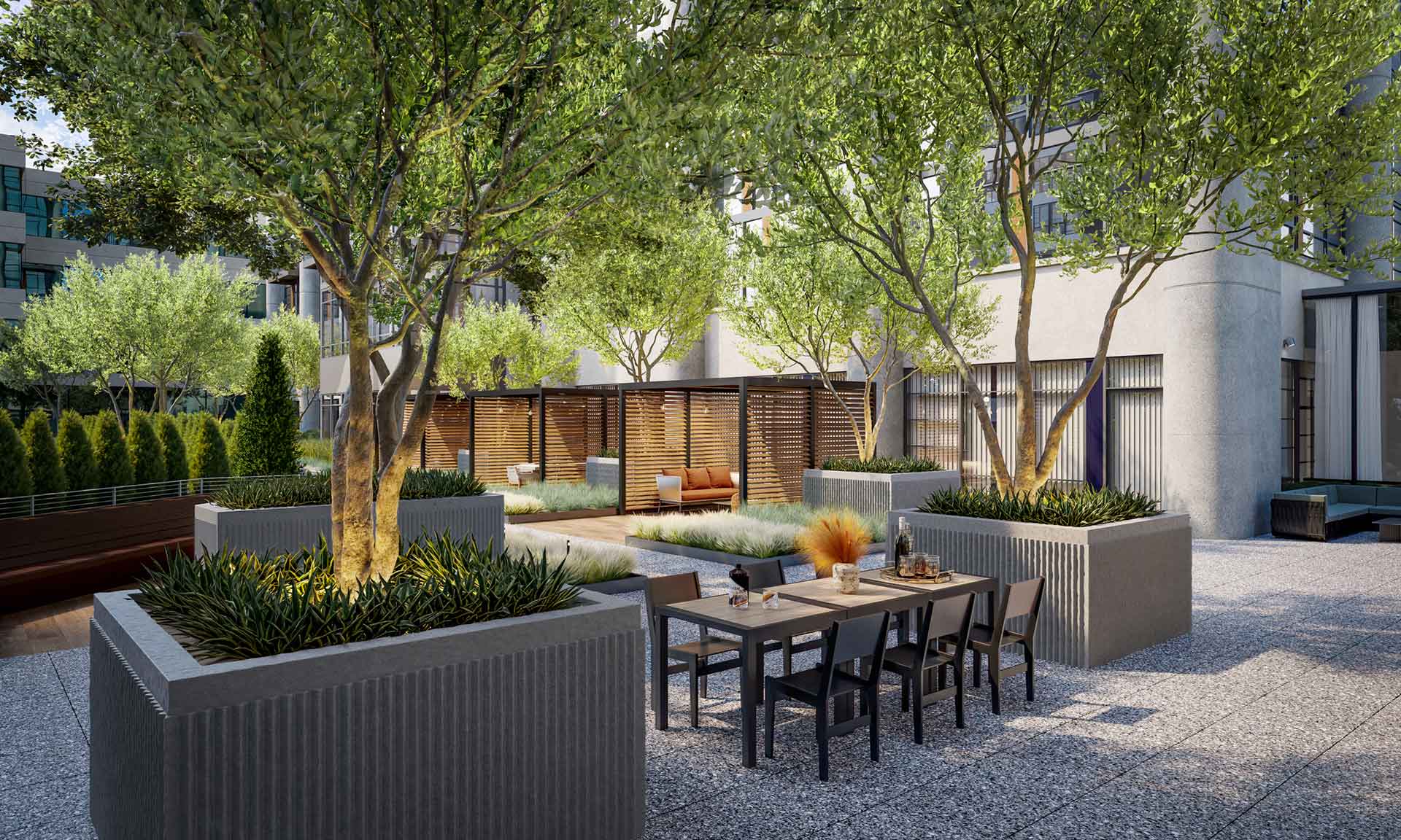 Private cabana lounges adjacent to grilling stations and lush landscaping