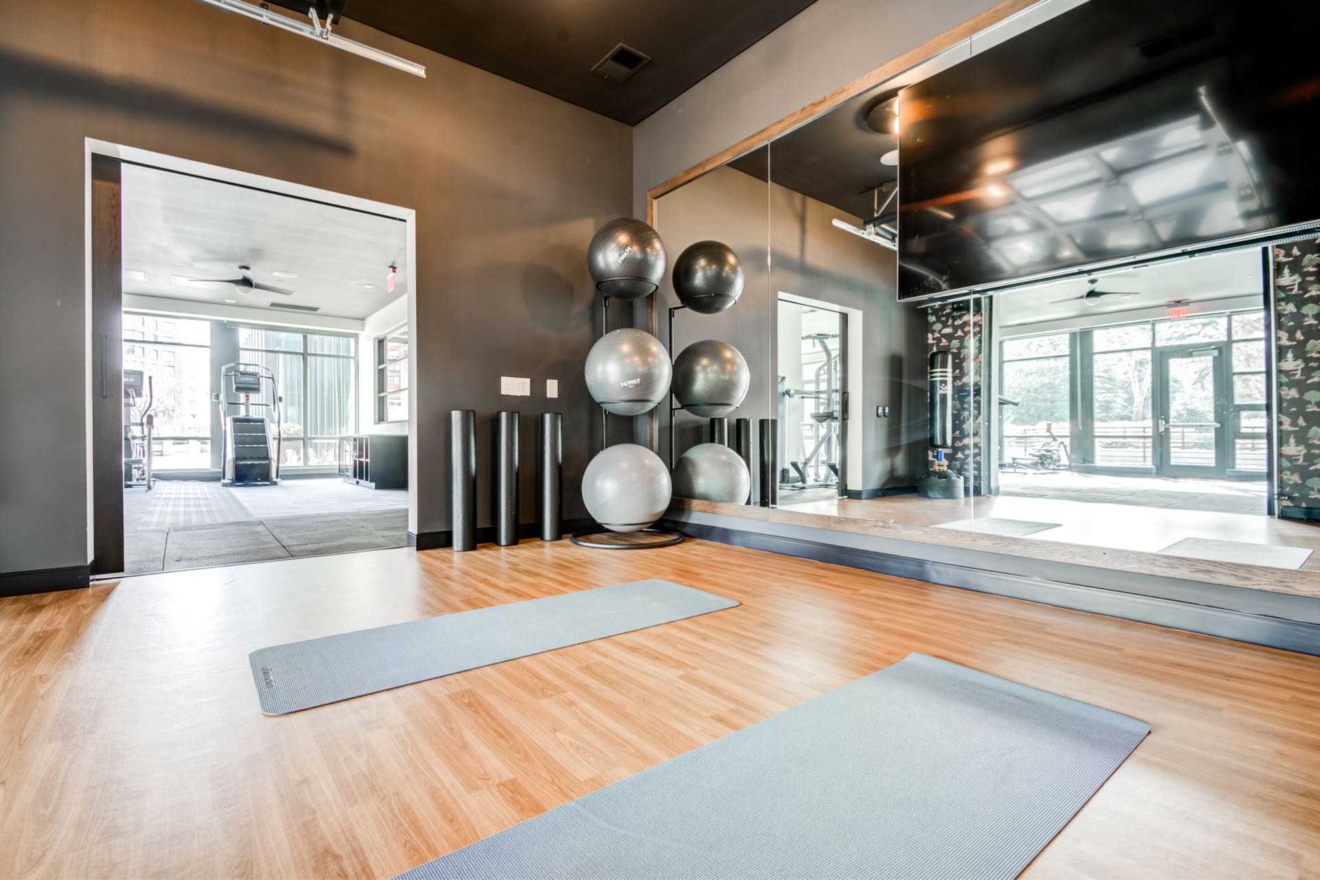 Studio with yoga mats, ballet barre, full-height mirrors, garage doors that open up to main fitness area, TV, and rubber-backed flooring
