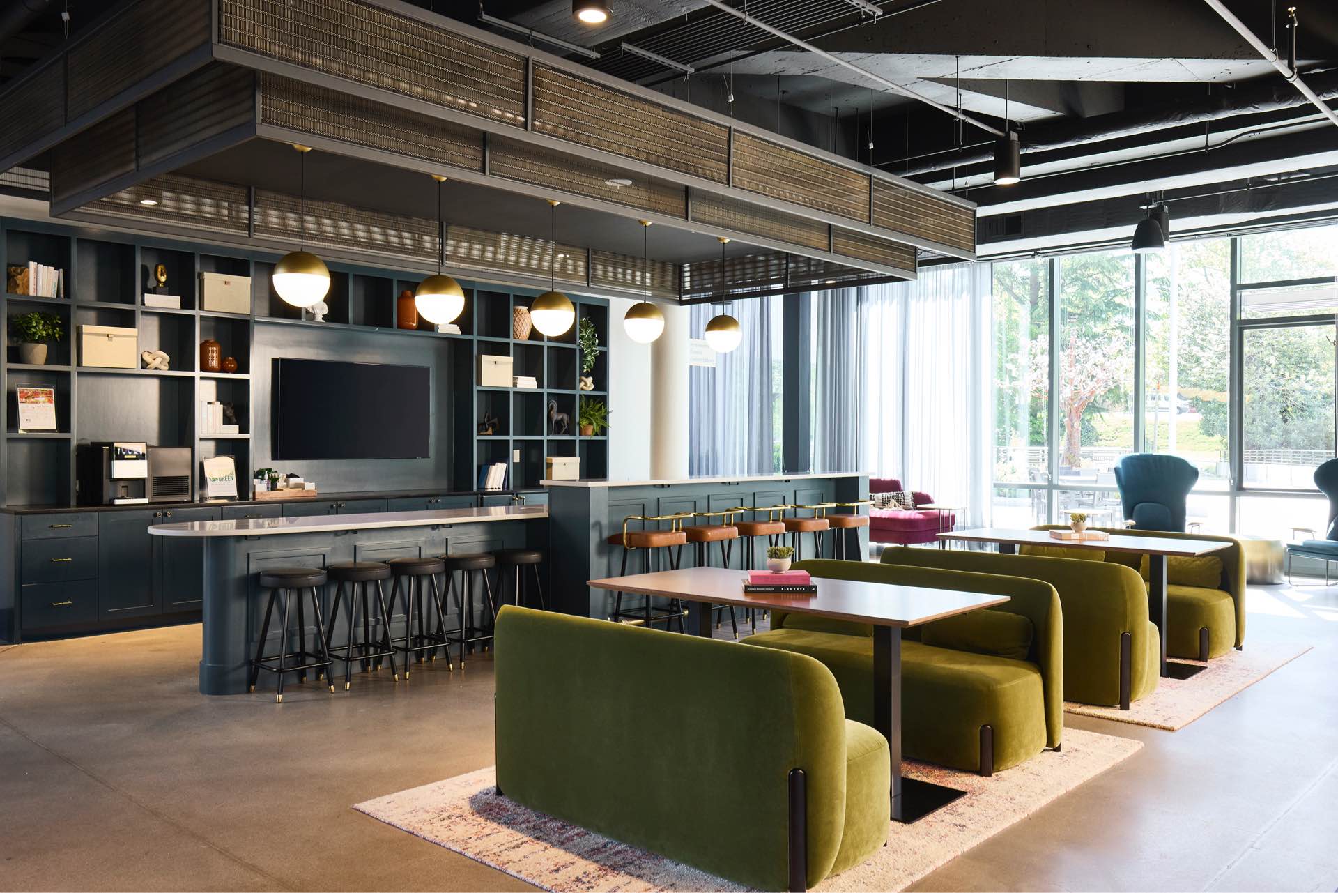A community coffee bar with cozy seating options