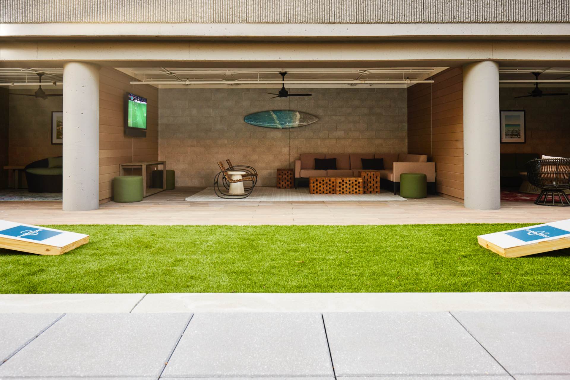 The yard allows for games galore on the bocce court